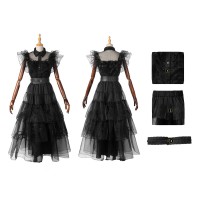 Wednesday Addams Outfits The Addams Cosplay Costumes Black Lace Dress for Halloween  